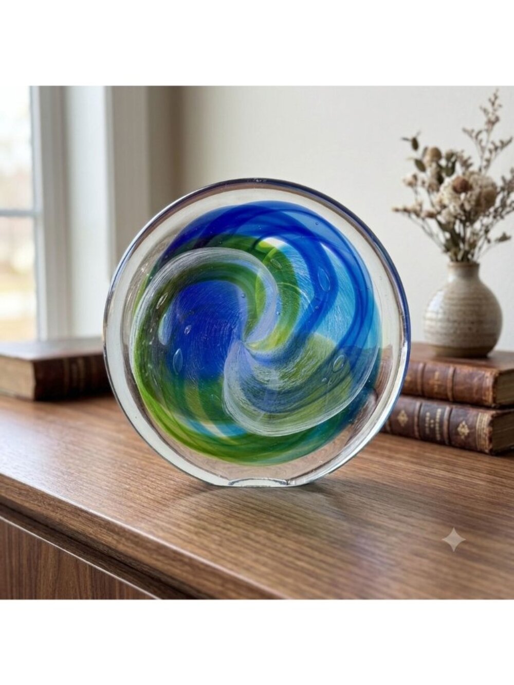 Vintage Murano Style Art Glass Swirl Paperweight Round Disc Sculpture Blue Green